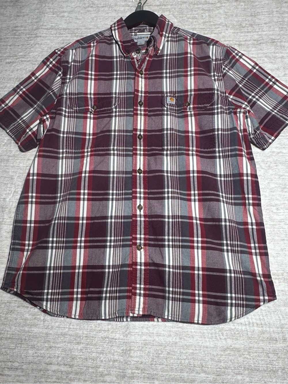 Carhartt Men’s Burgundy Plaid Short-Sleeve Button-Down Shirt